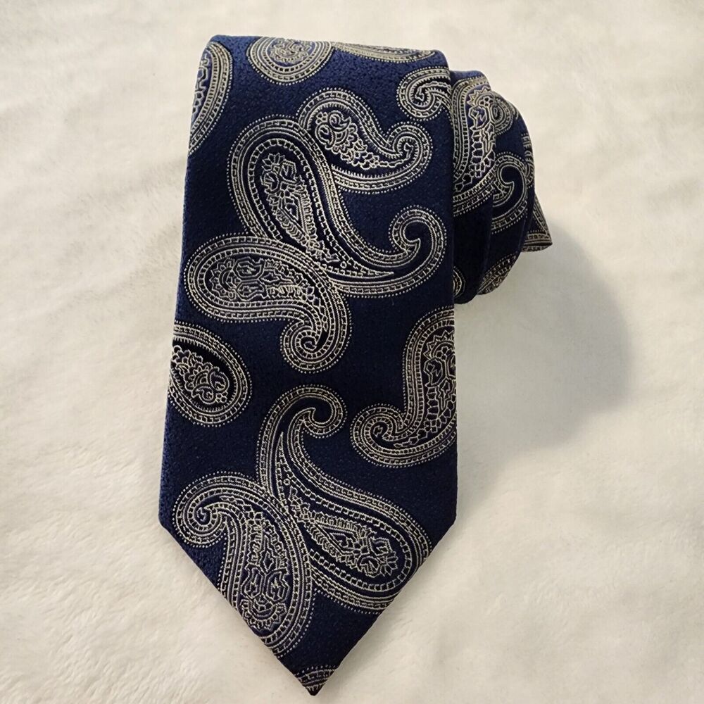 JOS A BANK 100% Silk Tie Men's Blue Paisley Silver Embroidered Necktie Brand New